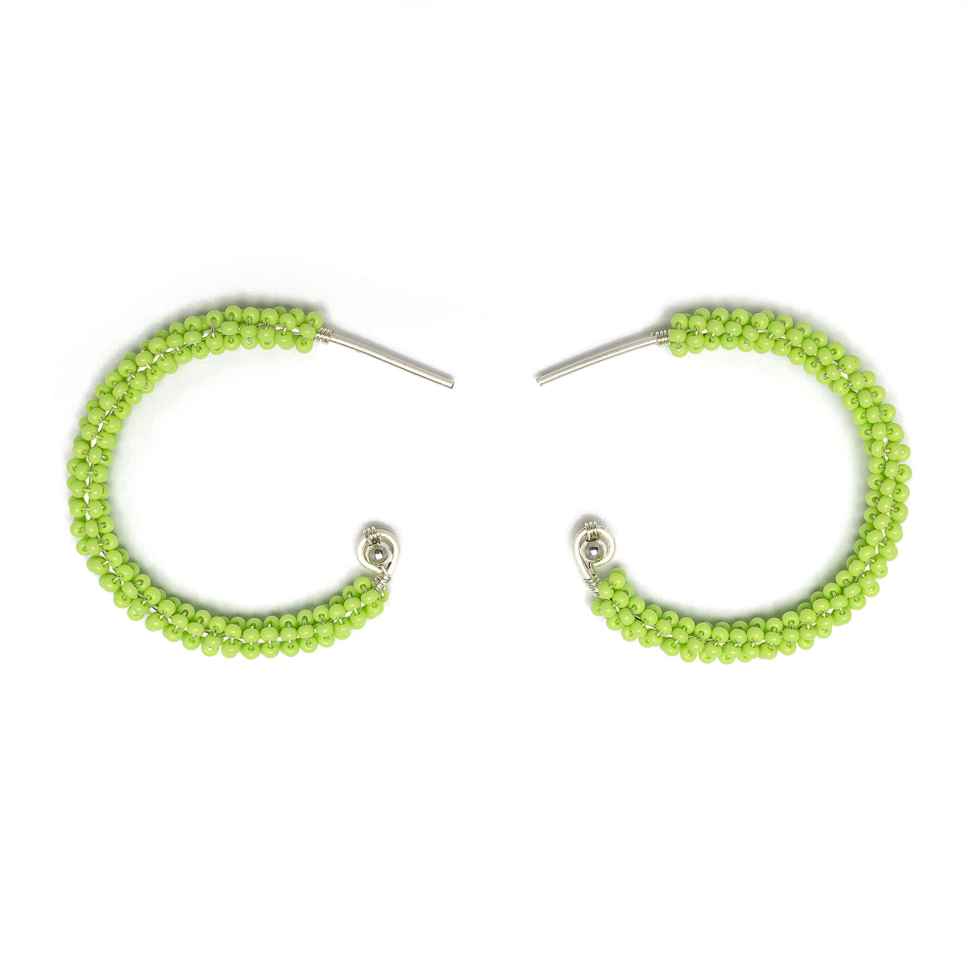 Florence Silver Hoop Earrings are 1.5 inches long, Silver and Lime Green Earrings. Wire Wrapped Earrings. Lightweight and comfortable earrings. Handmade for women. Open hoop earrings