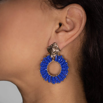 Evry Earrings on a model. Gold Color Earrings with Blue Seed Bead Crystal Beads. Stud Earrings. Seed Beads Work Earrings.