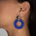 Evry Earrings on a model. Gold Color Earrings with Blue Seed Bead Crystal Beads. Stud Earrings. Seed Beads Work Earrings.