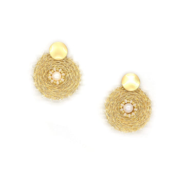 The Muret Earrings are 1.5 inches long, Gold and white Earrings. Wire Wrapped Stud Earrings. Feature gold plated wire and freshwater pearls. Handmade for women. Hypoallergenic fashion round earrings.