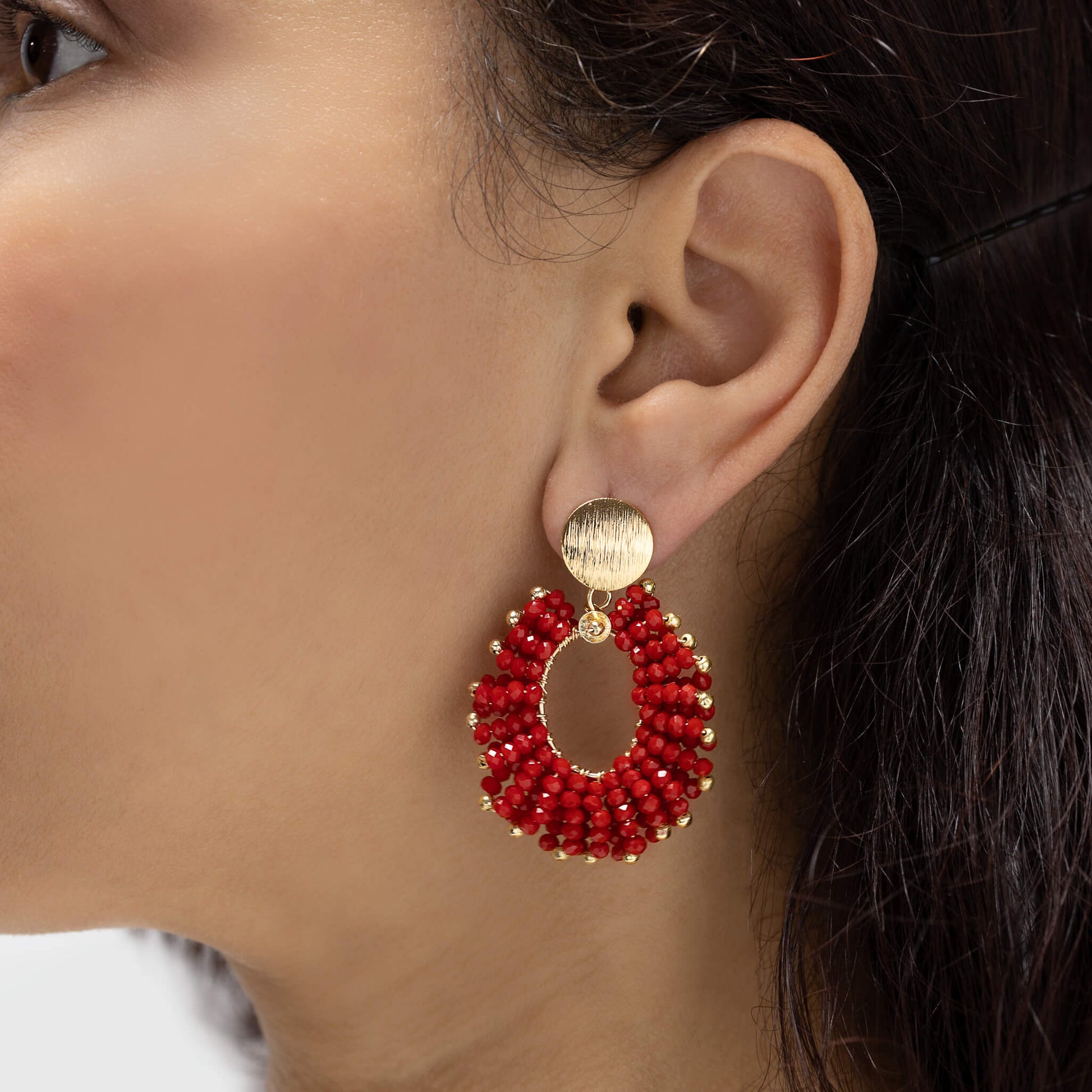 Lyon Earrings on a model. Gold Color Earrings with Red Seed Bead Crystal Beads. Stud Earrings. Seed Beads Work Earrings.