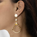 Gold and Pearl dangle Earrings. The Adilah Earrings on a model. Crystal beaded Earrings. Simple Dangle Earrings.