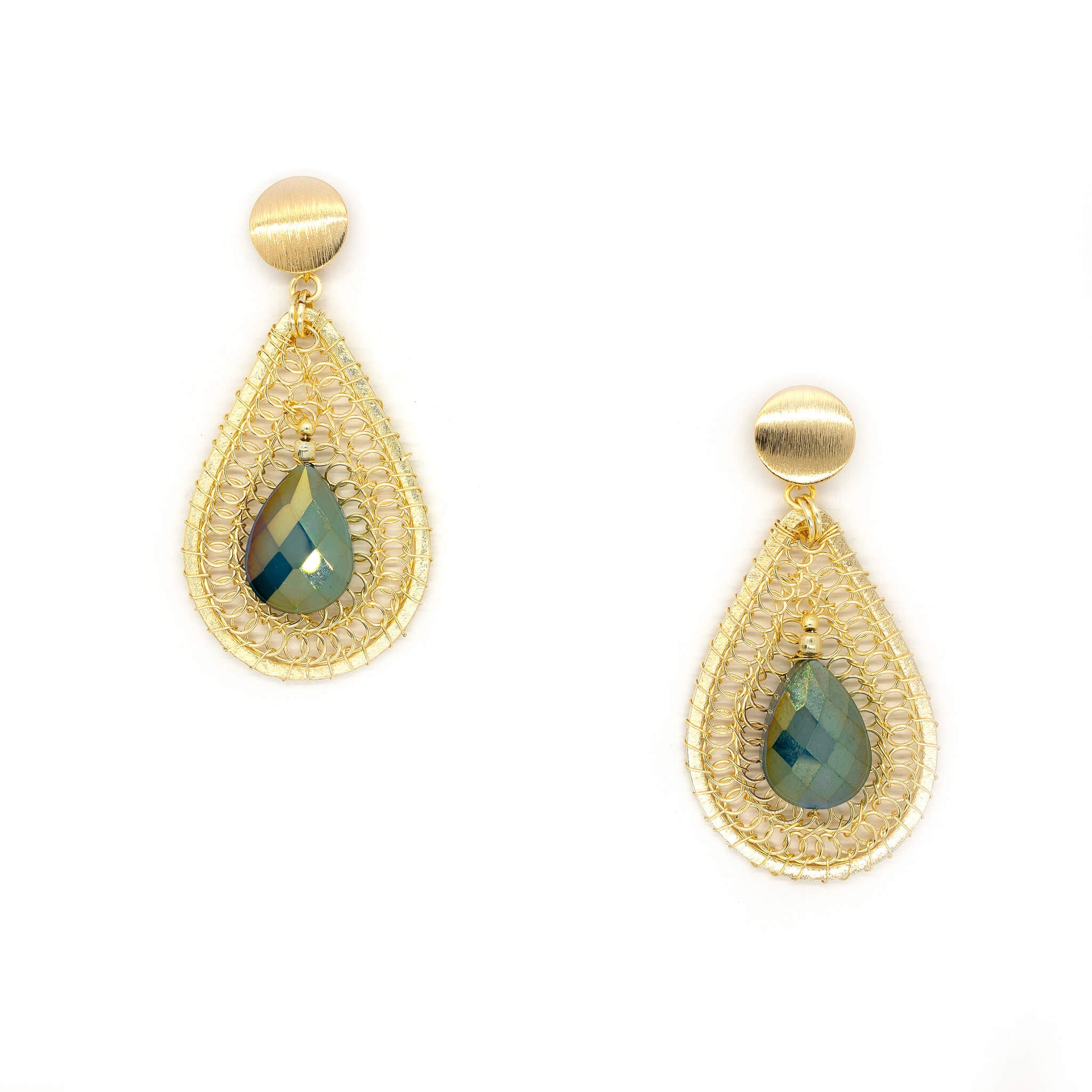 Crystal Dangle Earrings. The Devasshree Earrings. Gold Teardrop Dangle Earrings. Green Crystals. 