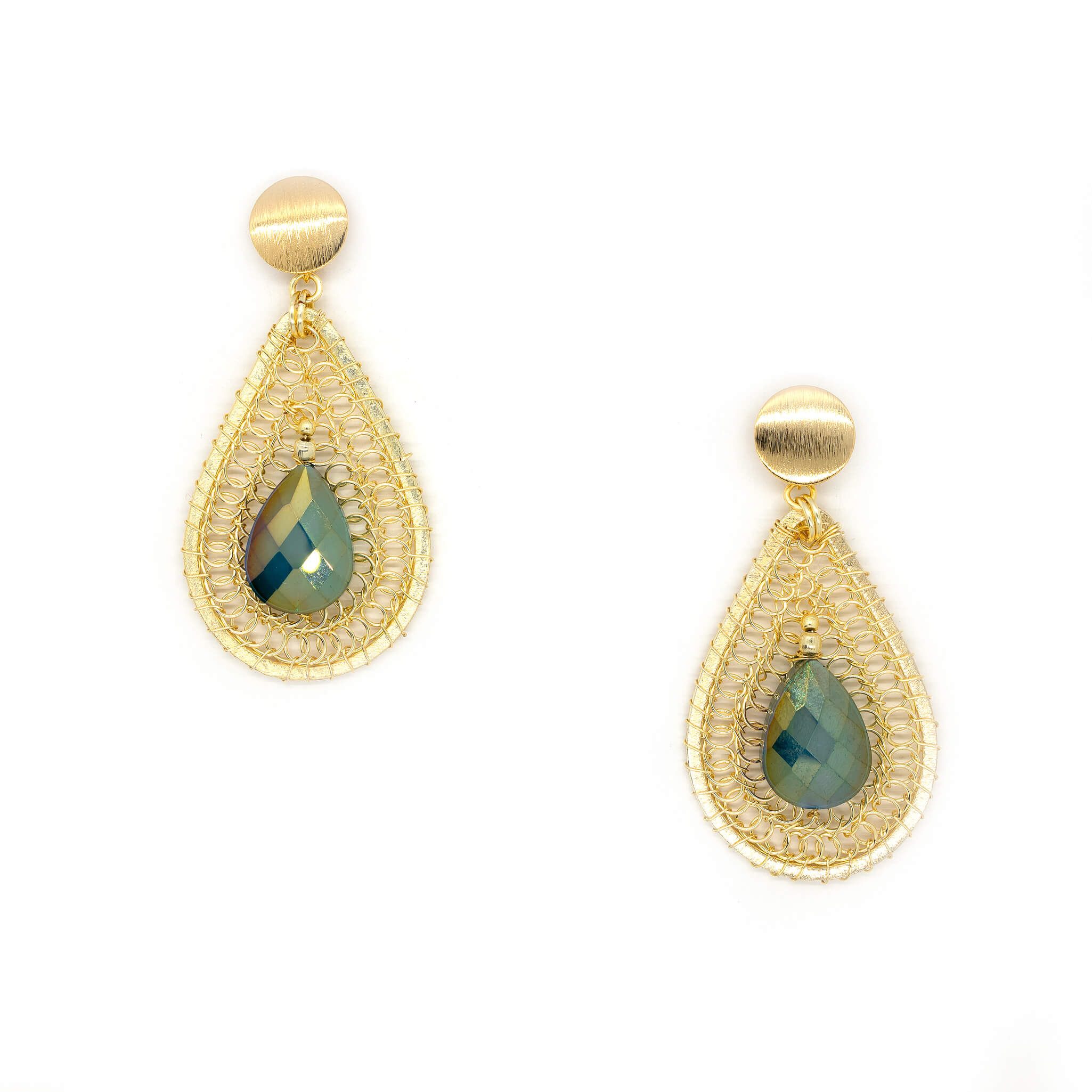 Crystal Dangle Earrings. The Devasshree Earrings. Gold Teardrop Dangle Earrings. Green Crystals. 