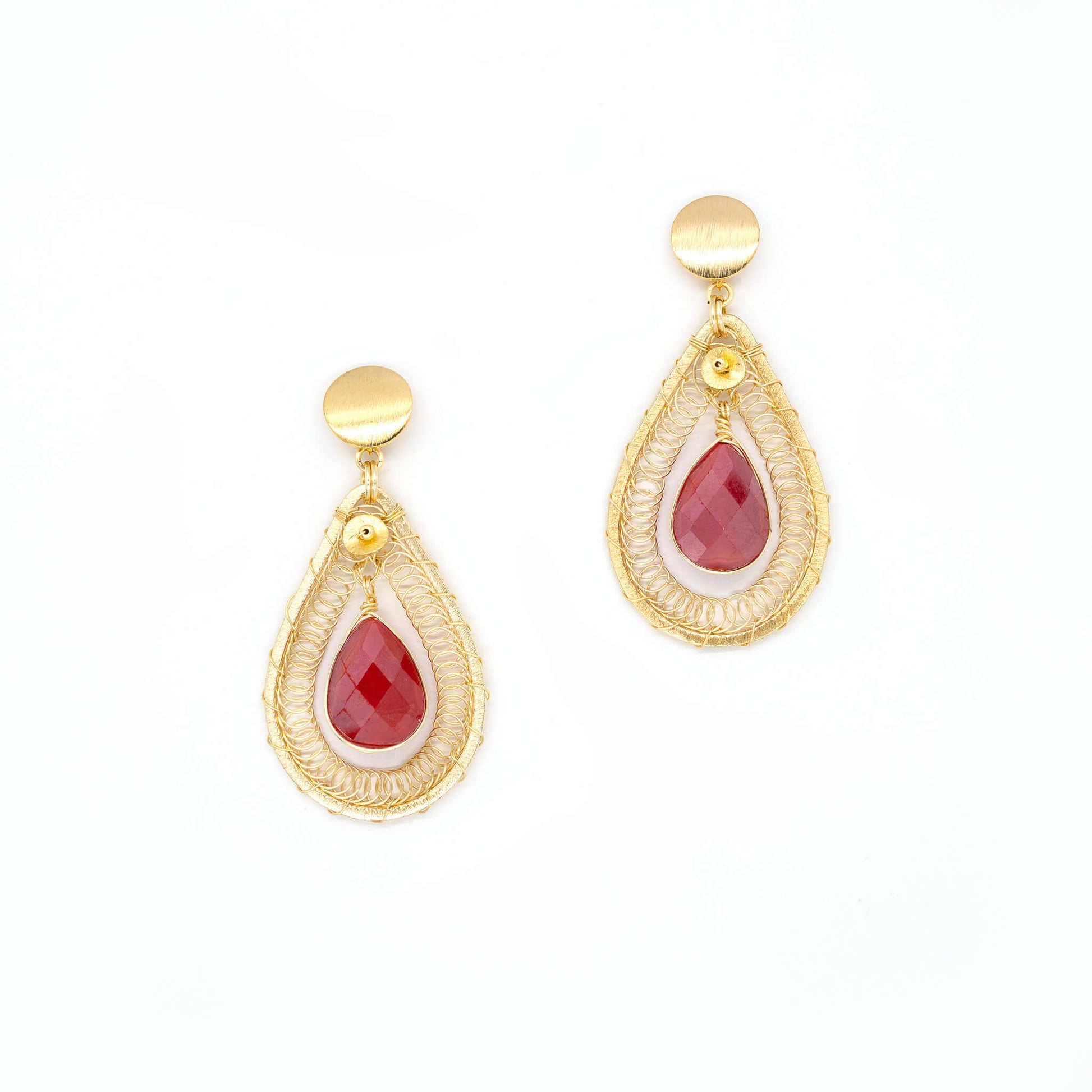 Gold Drop Dangle Earrings. The Ganika Earrings. Dangle Stud Earrings. Red Crystals.