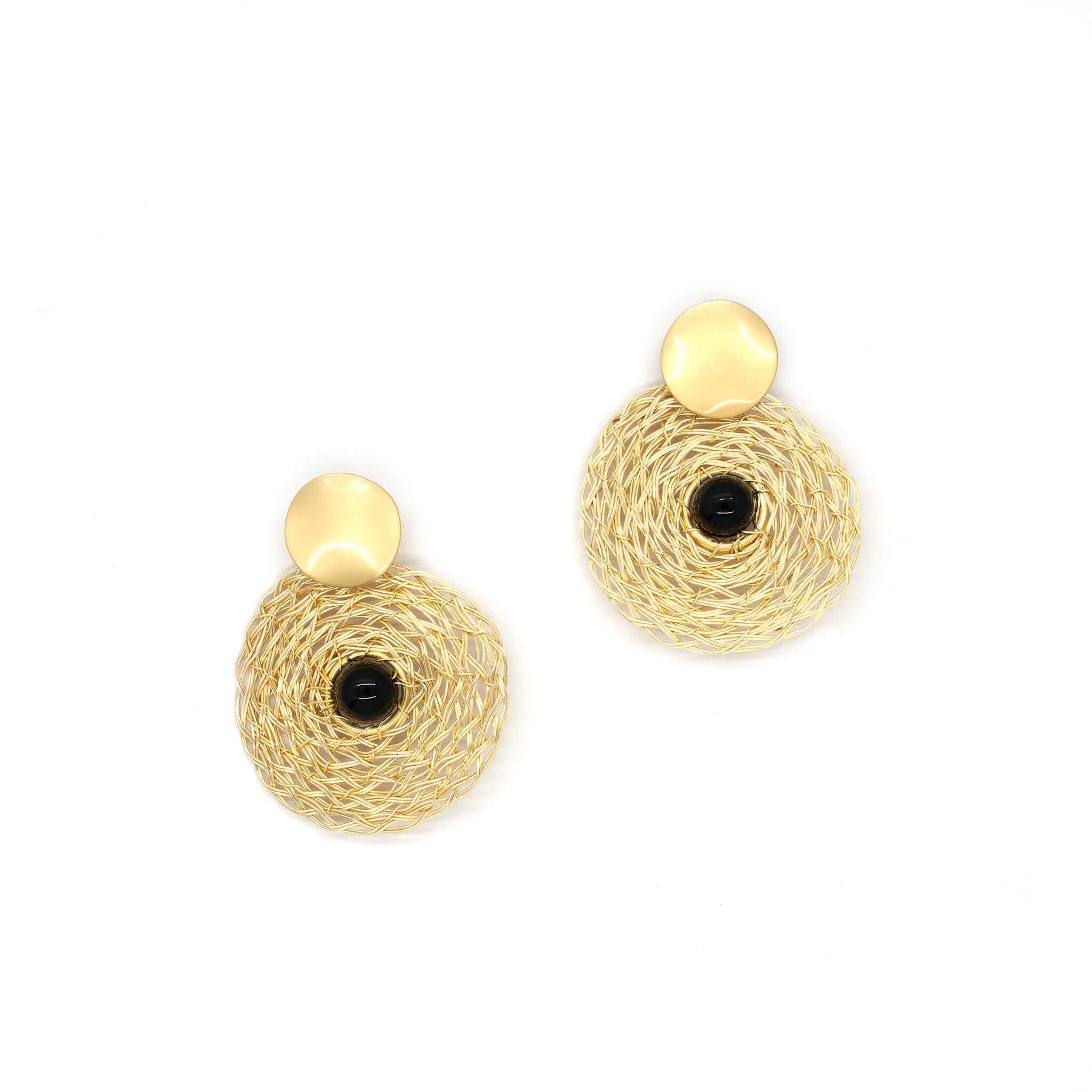 Black Onyx and gold earrings, round earrings, wire wrap earrings.  The Muret Earrings.