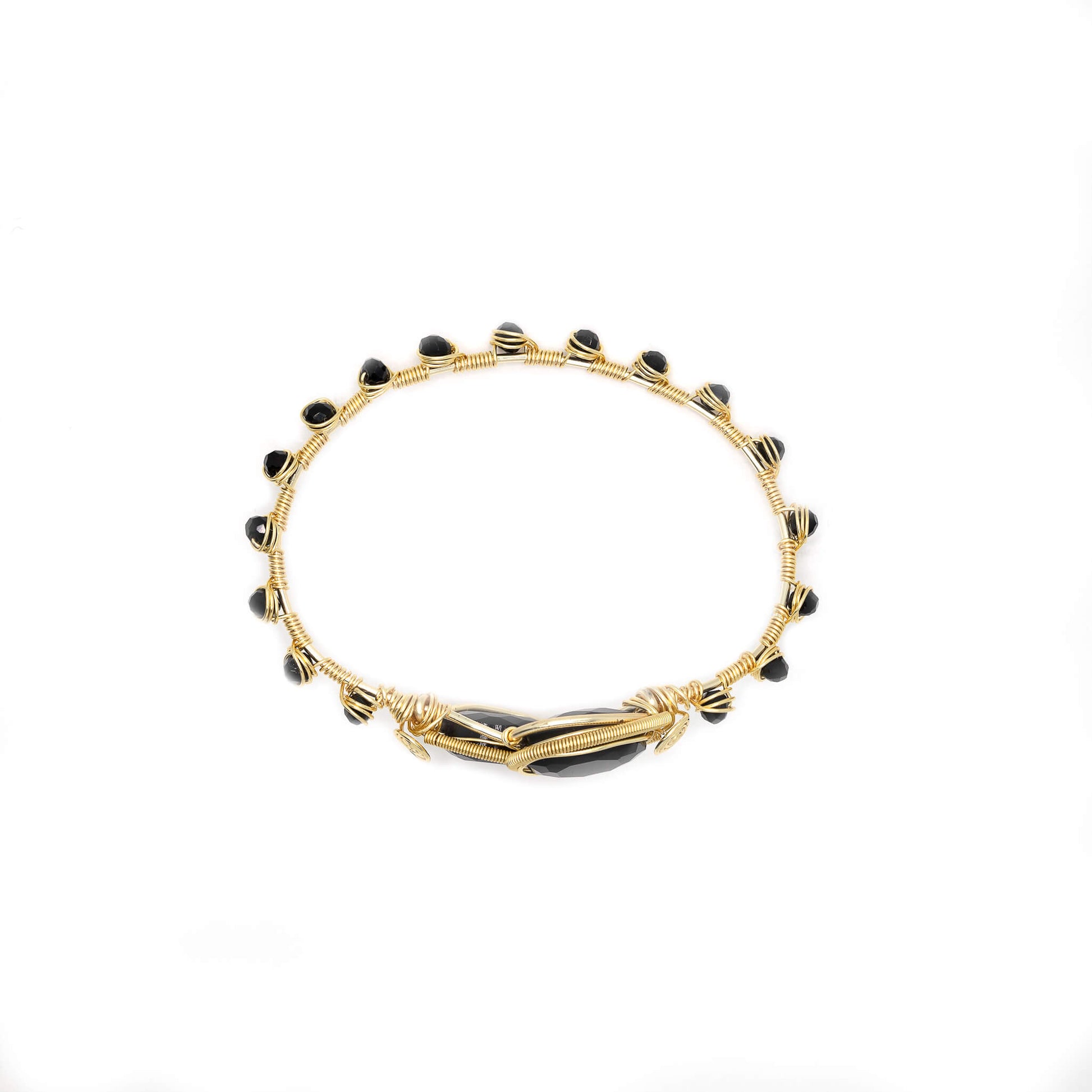 Neuss Bracelet. Gold Color  Bracelet with Black beads crystals. Wire wrapped bracelet (flat).
