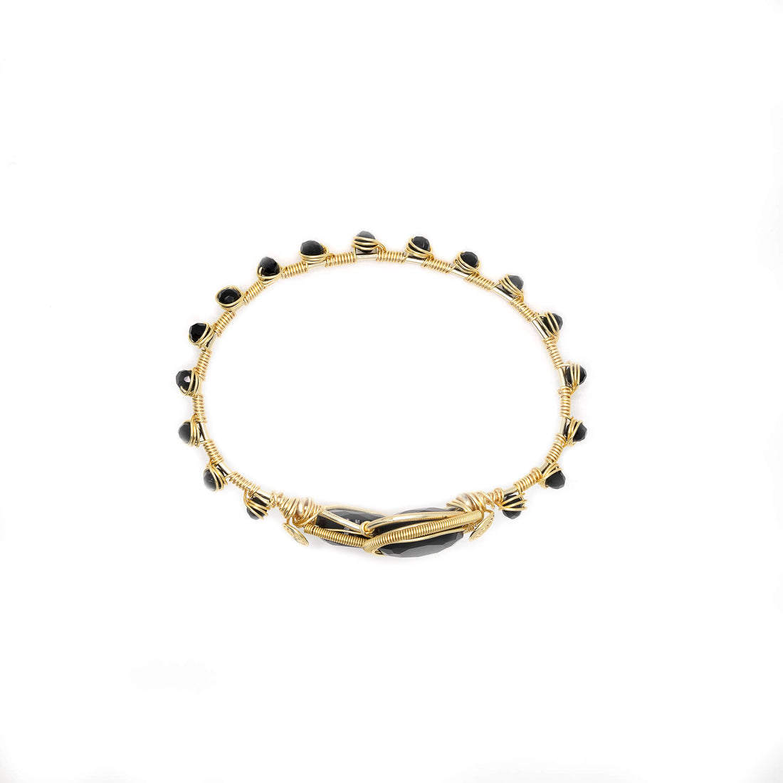 Neuss Bracelet is one size fits all. Gold and black bracelet. Handmade with Non-tarnish Gold plated wire, crystal beads, and teardrop-shaped crystals. Minimalist Wire-wrapped bracelet.
