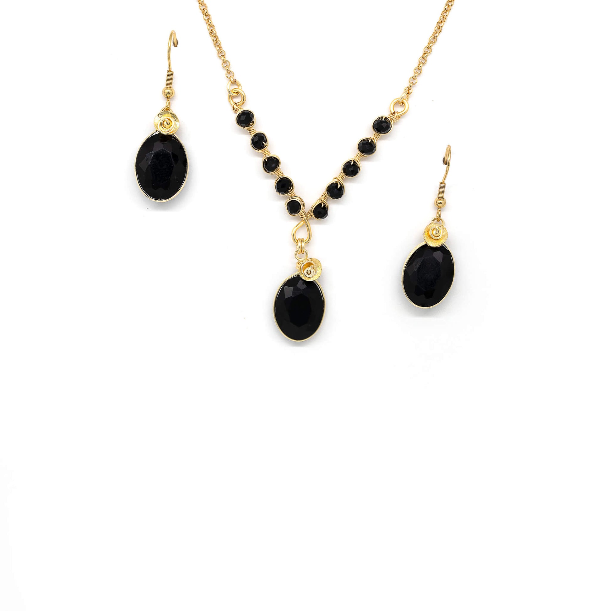 Victoria Necklace/Earrings Set. Black and Gold Set. Feature 16 inches with 2 inches extender 22K Gold Plated Chain, gold plated wire, and sparkling crystal beads. Handmade.