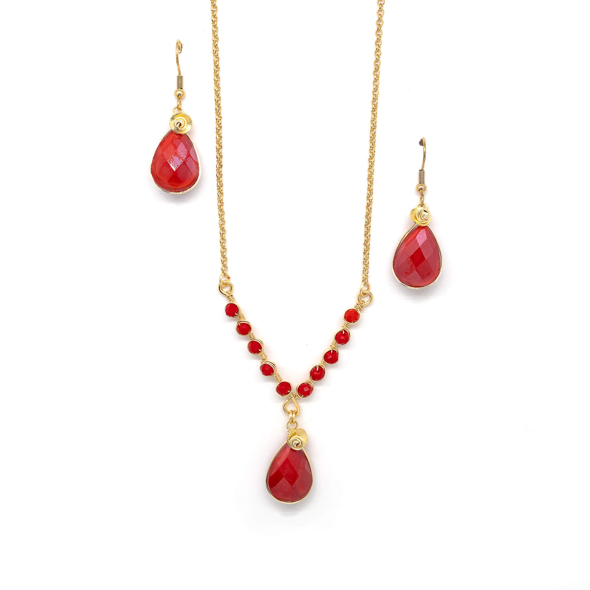 Victoria Necklace/Earrings Set. Red and Gold Set. Feature 16 inches with 2 inches extender 22K Gold Plated Chain, gold plated wire, and sparkling crystal beads. Handmade.